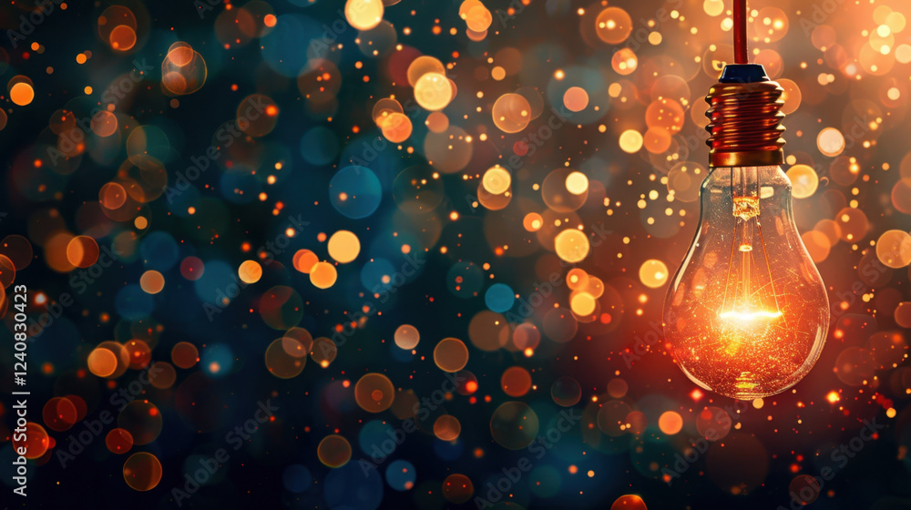 Poster glowing light bulb hangs against backdrop of colorful bokeh lights, creating warm and inviting atmos