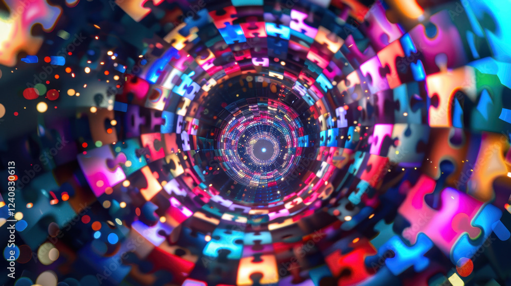 Poster colorful puzzle pieces swirl in mesmerizing tunnel, creating vibrant and dynamic visual effect. this