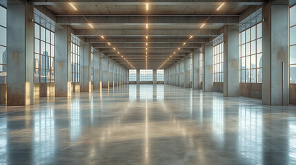Fototapeta premium Modern Industrial Loft Polished Concrete Floor, Large Windows with City View.