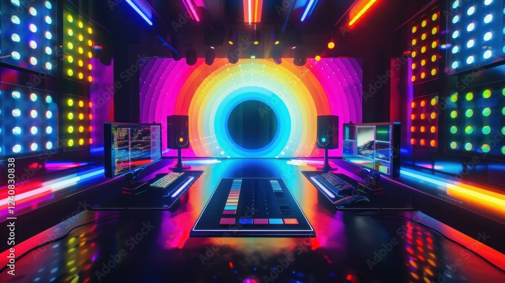 Fototapete a futuristic setup with a color wheel design appearing on a computer screen with high contrast.