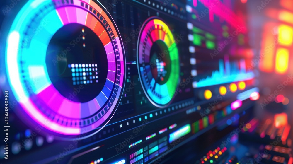 Poster a futuristic color wheel displayed on a monitor with glowing color segments.