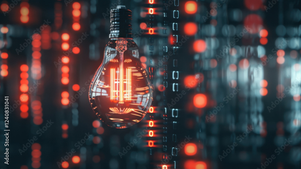 Poster glowing light bulb surrounded by digital binary code, symbolizing technology and innovation. vibrant
