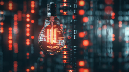 glowing light bulb surrounded by digital binary code, symbolizing technology and innovation. vibrant colors create futuristic atmosphere