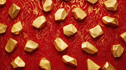 Golden Rocks on Red Glittery Background