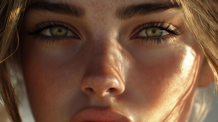 Fototapeta premium Close-up of a beautiful woman, radiant skin, soft natural lighting, emphasizing delicate facial features