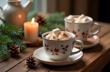 Christmas mug with cocoa and marshmallows. Nearby there is a Christmas entourage with fir branches and cinnamon sticks. A hot Christmas drink.