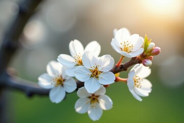 Fototapeta premium Branch with white flowers bursting forth from the tree, flowers, springtime