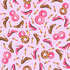 Stylish seamless pattern featuring bold heels, lipstick, and leopard print numbers. Ideal for gift wrapping, social media, apparel and festive branding