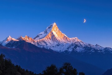 Majestic snow-capped mountain peak at sunrise with a crescent moon