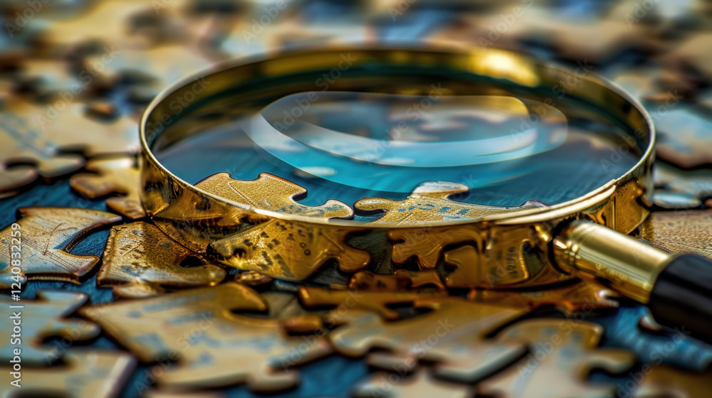 Poster magnifying glass focuses on puzzle piece, surrounded by scattered puzzle pieces, creating intriguing