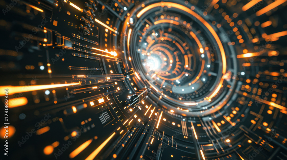 Poster futuristic digital tunnel with glowing orange lines and circuits, creating sense of depth and techno
