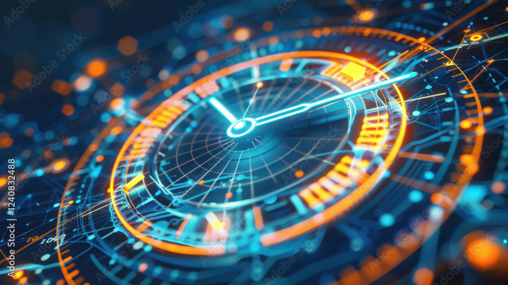 Poster futuristic clock design with glowing elements and digital patterns, showcasing technology and time. 