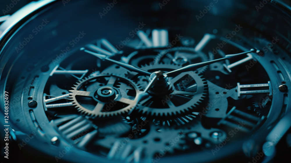 Poster close up of mechanical watch with intricate gears and clock hands, showcasing craftsmanship and prec