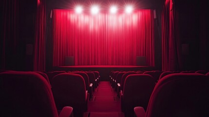 Fototapeta premium Empty Movie Theater Red Curtains Stage Lights Dimly Lit Seats