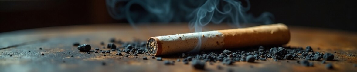 Burnt joint on a coffee table with ash scattered around it, fireplace smoke, smoky atmosphere