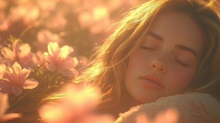Fototapeta premium Golden Hour Serenity A Woman Sleeping Amongst Flowers