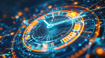 Futuristic clock design with glowing elements and digital patterns, showcasing technology and time. vibrant colors create dynamic visual experience