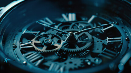 Close up of mechanical watch with intricate gears and clock hands, showcasing craftsmanship and precision. dark background enhances details of watch inner workings