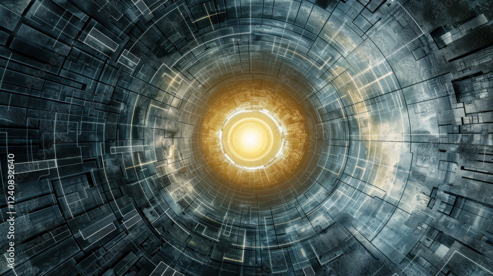 Poster abstract tunnel with glowing light at center, featuring geometric patterns and futuristic design, cr