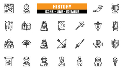 Set of 25 line icons history. Editable stroke. Vector illustration