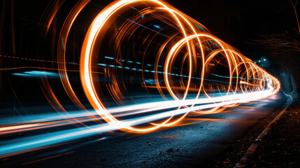 Long exposure shot of light trails creating circular patterns on dark road, showcasing vibrant orange and blue colors. image captures dynamic movement of vehicles at night