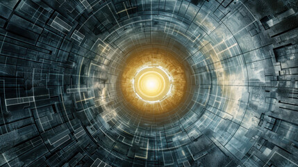 Fototapeta premium Abstract tunnel with glowing light at center, featuring geometric patterns and futuristic design, creating sense of depth and mystery