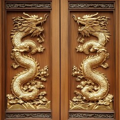 Ornate Golden Dragons Carved on Rich Wooden Door
