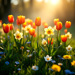 Obraz premium Colorful flowers under rainbow.