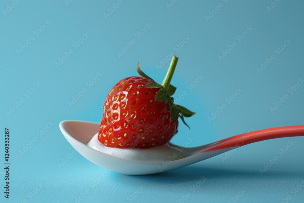 Poster fresh strawberry placed on a spoonful of yogurt, creating a simple yet appealing image against a blu