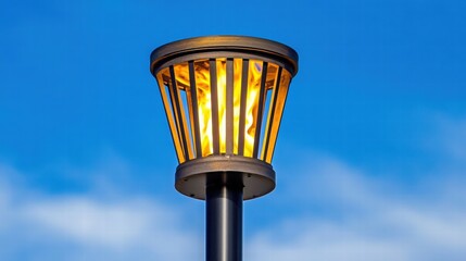Flickering Flame Illuminates Modern Outdoor Torch Against Blue Sky