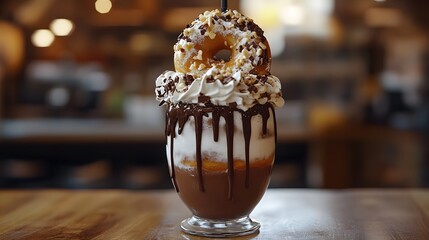 Dessert Extravaganza: A Magnificent Milkshake Crowned with a Glorious Oversized Donut and a Cascade of Whipped Cream