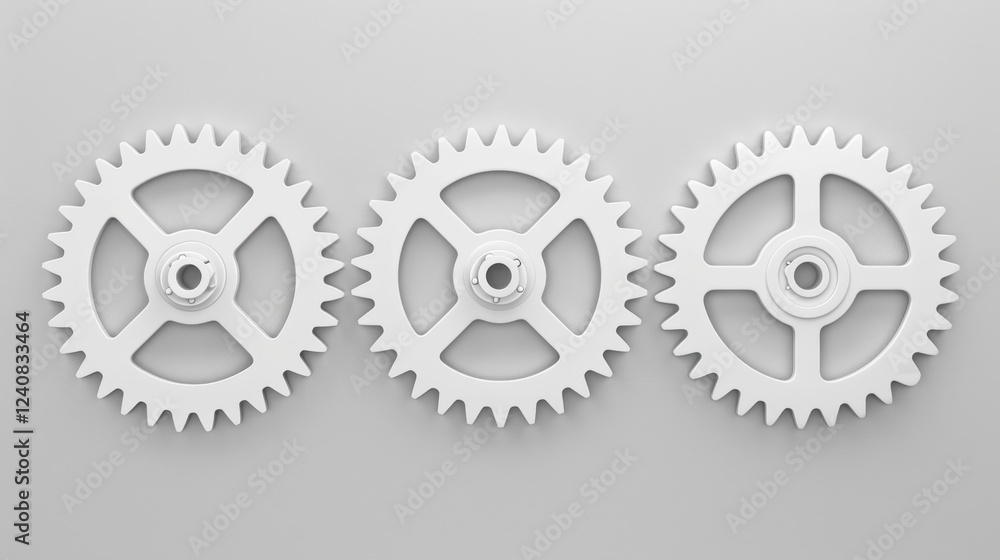 Poster three white gears arranged in row on light background, symbolizing teamwork and mechanics
