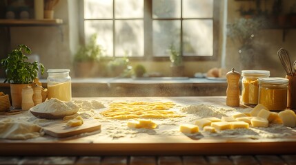 An Inspiring Kitchen Scene Flourishing with Enthusiastic Learners Making Pasta from Scratch Surrounded by Fresh Ingredients