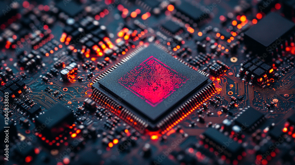 Poster closeup red illuminated circuit board technology digital microchip high data detail modern system