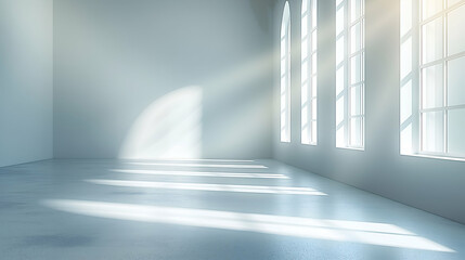 Obraz premium Sunlit Minimalist Room Modern Architecture, Empty Space with Natural Light Rays.