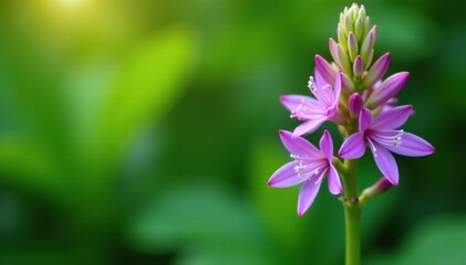 Green stem with purple petals in a botanical garden, horticulture, tropical plants