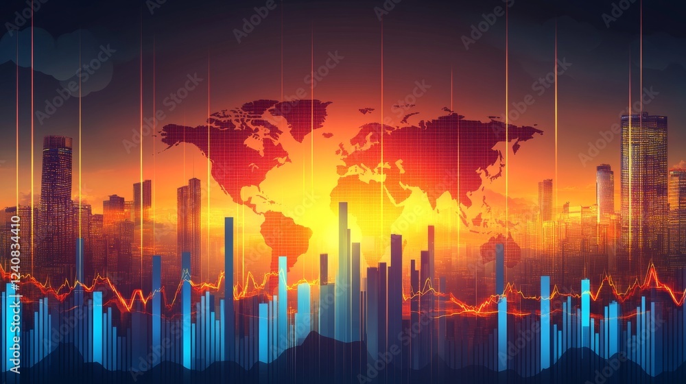 Poster global financial market data visualization with candlestick charts and pixelated world map