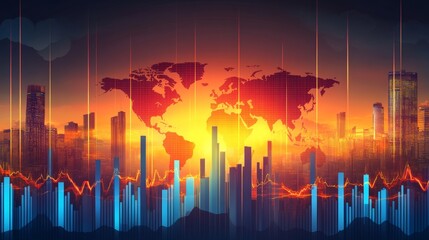 Global Financial Market Data Visualization with Candlestick Charts and Pixelated World Map