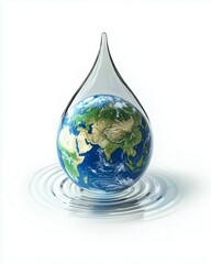 3D rendering of the Earth inside a water drop, with ripples around it. The background is dark gray