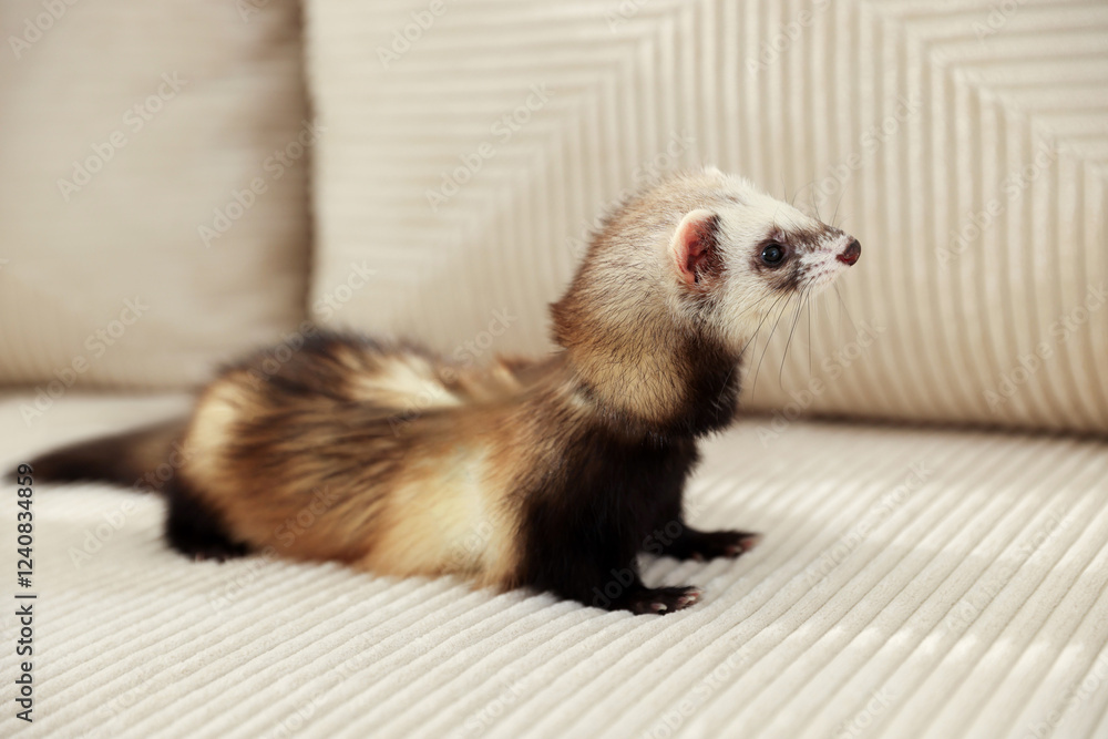 Wall mural Cute ferret on beige sofa. Domestic pet