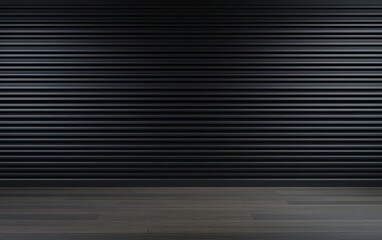 Fototapeta premium Photograph of a gray wall with a horizontal striped texture and a wooden floor, an empty room interior background. Stock photo, photorealistic. 