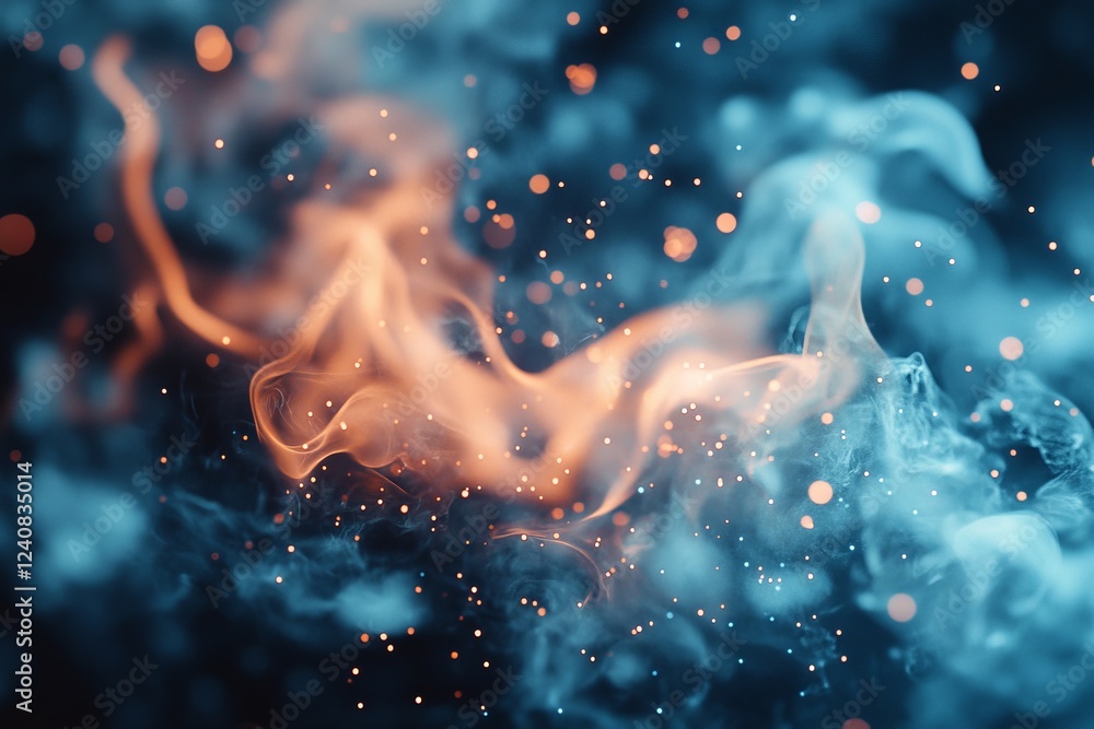 Aufkleber Abstract swirls of blue and orange smoke with glowing sparks create a mesmerizing visual display in a dark background
