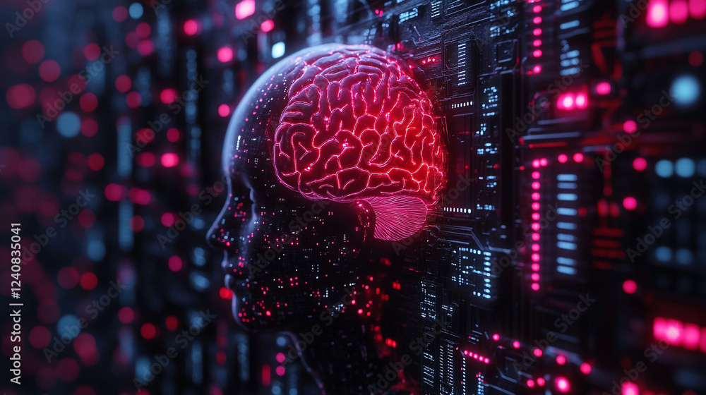 Poster digital brain artificial intelligence circuit board technology concept 3d red data pink blue glow