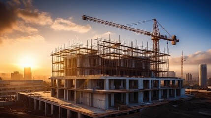 Dramatic Sunset View Over a Construction Site Featuring a Crane Against a Colorful Sky with Modern Cityscape in the Background