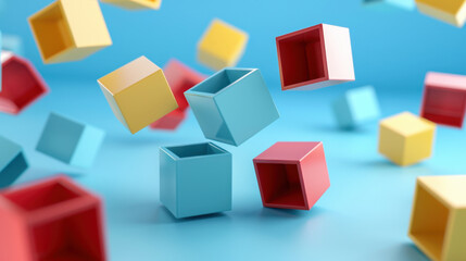 Obraz premium Colorful 3D cubes floating in blue background create playful and dynamic scene. vibrant colors include red, yellow, and blue, evoking sense of creativity and fun