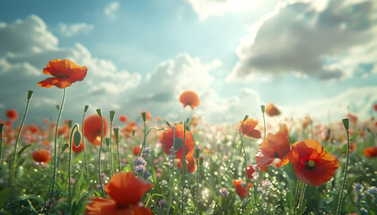 Vibrant field of orange poppies under a bright sky with fluffy clouds, capturing nature's beauty