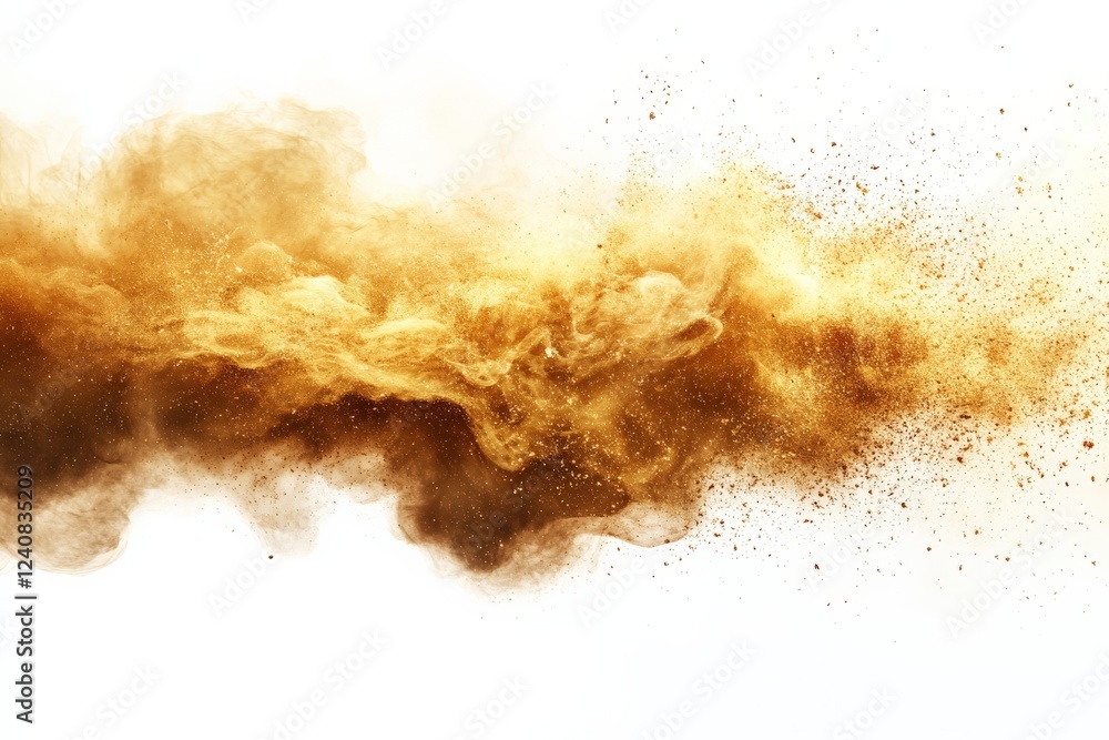 Aufkleber Golden dust cloud rises against a white background, creating a vibrant and dynamic visual effect in a creative setting