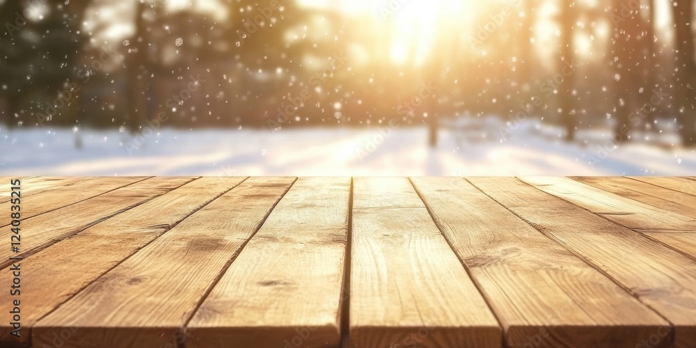 Poster rustic wooden table in a snowy winter forest setting