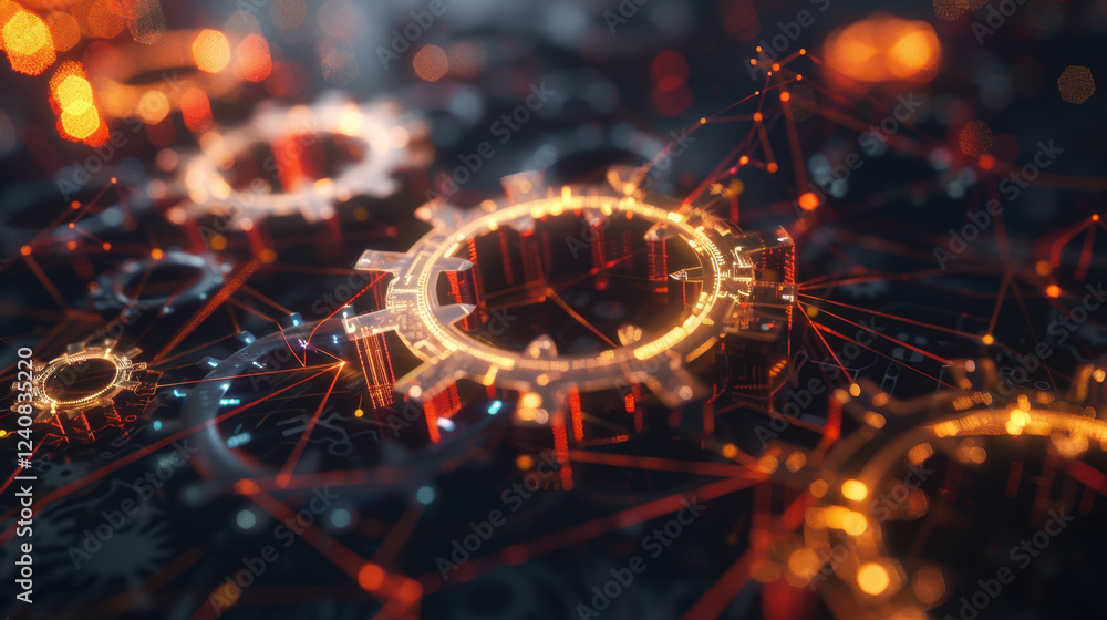 Poster abstract gears with glowing edges and interconnected lines, representing technology and innovation i