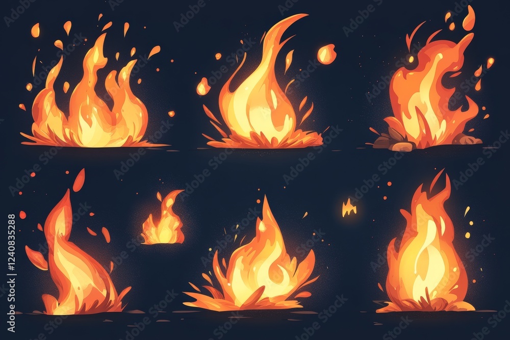 Poster dynamic flames in various shapes and sizes illustrated with vibrant colors for creative projects